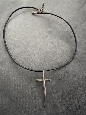 Minimalist Black Cross Pendant Necklace - Sterling Silver on leather chord